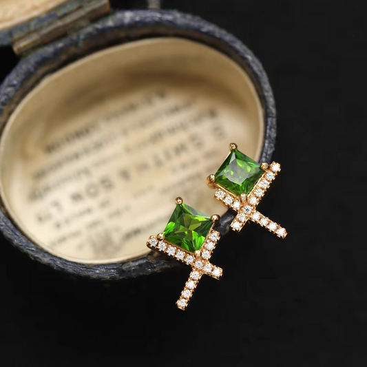 Kemstone Handcrafted Original Design Whispering Grass: Mini Diopside Stud Earrings – Gold-Plated Sterling Silver, Simple Vintage-Inspired Green Studs