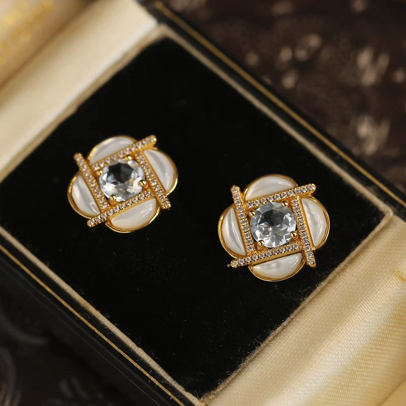 Kemstone Handcrafted Original Design Clover Windmill Earrings – Gold-Plated Silver Mother-of-Pearl Studs with Sky Blue Topaz Accents