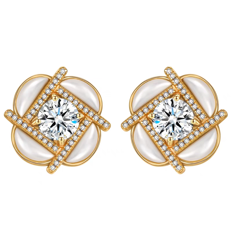 Kemstone Handcrafted Original Design Clover Windmill Earrings – Gold-Plated Silver Mother-of-Pearl Studs with Sky Blue Topaz Accents