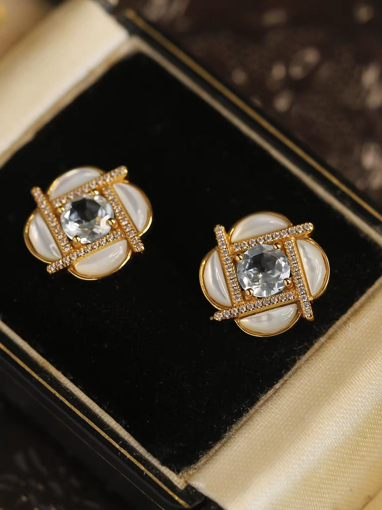 Kemstone Handcrafted Original Design Clover Windmill Earrings – Gold-Plated Silver Mother-of-Pearl Studs with Sky Blue Topaz Accents