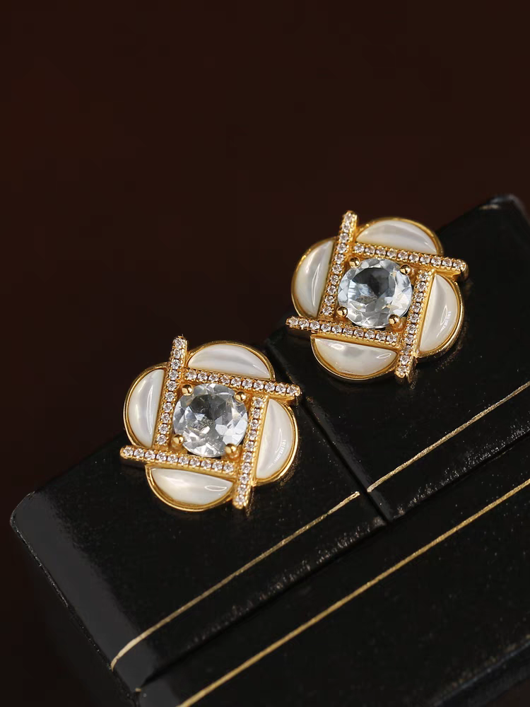 Kemstone Handcrafted Original Design Clover Windmill Earrings – Gold-Plated Silver Mother-of-Pearl Studs with Sky Blue Topaz Accents