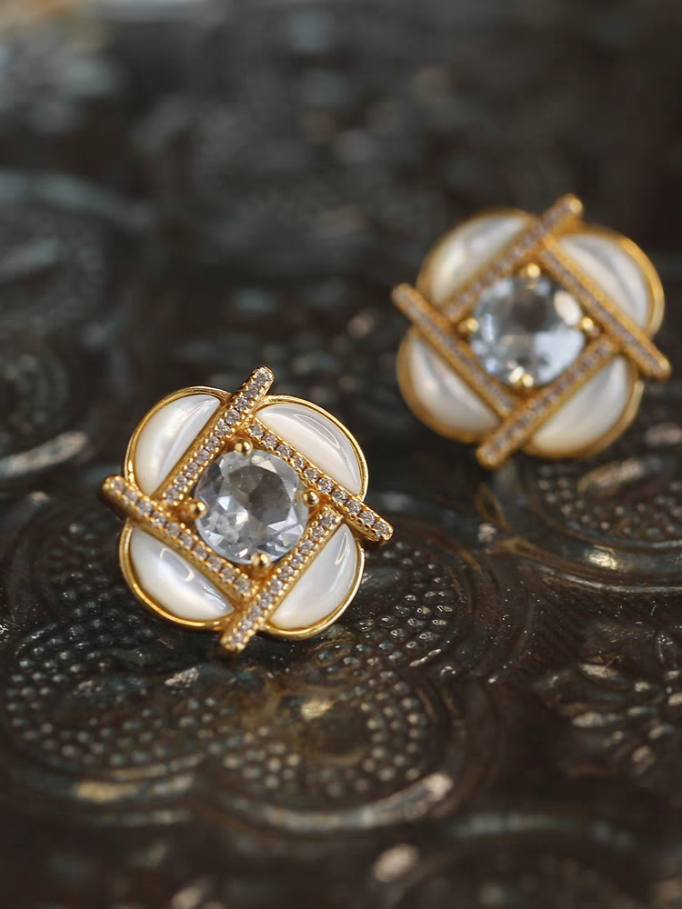Kemstone Handcrafted Original Design Clover Windmill Earrings – Gold-Plated Silver Mother-of-Pearl Studs with Sky Blue Topaz Accents
