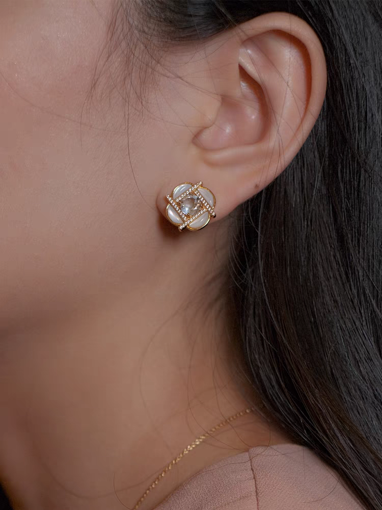 Kemstone Handcrafted Original Design Clover Windmill Earrings – Gold-Plated Silver Mother-of-Pearl Studs with Sky Blue Topaz Accents