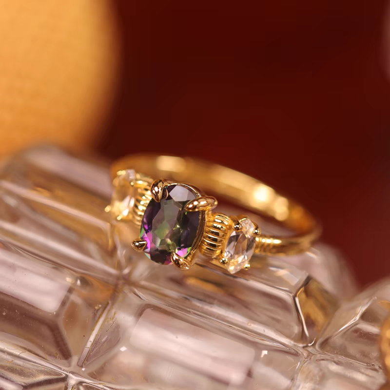 Kemstone Handcrafted Original Design Proust Ring: Vintage-Style Perfume Bottle Design with Rainbow Topaz and White Topaz, Adjustable 925 Silver Ring