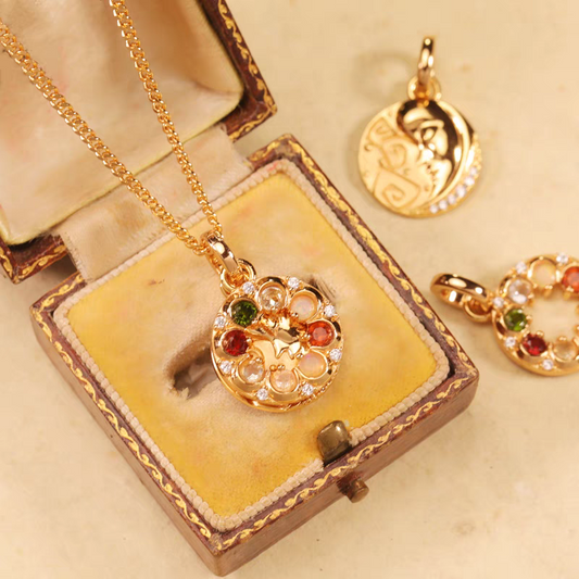 Kemstone Handcrafted Original Design "BOSOM FRD" Necklace - Vintage Coin Pendant Necklace, 18" Gold-Plated Sterling Silver with Moon & Star Charm and Hidden Gemstone Message, 7 Gemstones Including Beryl, Opal, and Ruby Garnet