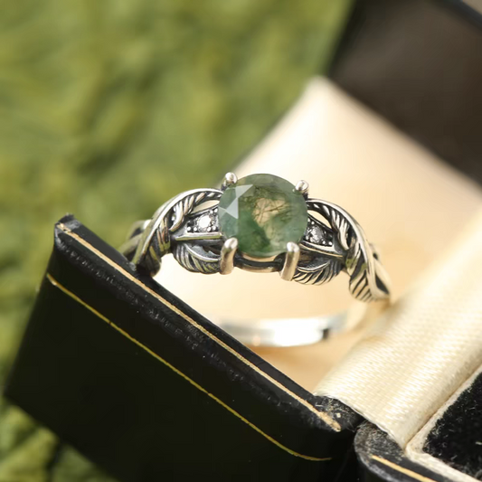 Kemstone Handcrafted Original Design Watergrass Ghost Ring - 925 Sterling Silver, Moss Agate, Vintage Adjustable Open Ring