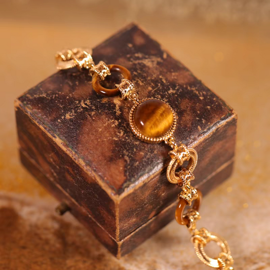 Kemstone Handcrafted Original Design Luminous Tiger's Eye Bracelet - Vintage Design, 925 Sterling Silver with Gold Plating, Adjustable 140mm-180mm