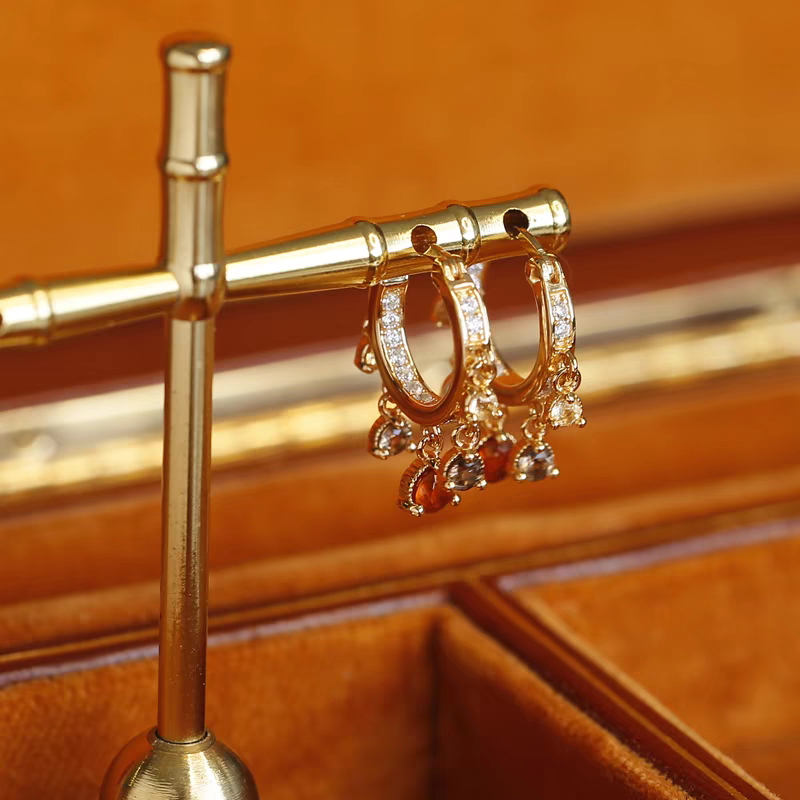 Kemstone Handcrafted Original Design "Sunset Ferris Wheel" Citrine & Fanta Quartz Hoop Earrings - Original Design, 925 Sterling Silver, Gold-Plated, 24mm x 20mm
