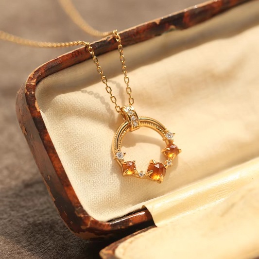 Kemstone Handcrafted Original Design "Phantom Sun" Vintage Sterling Silver Garnet Necklace - Romantic Sunset Design, 925 Silver with Gold Plating,18"