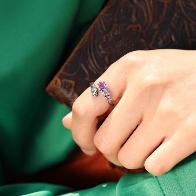 Kemstone Handcrafted Original Design Vintage Sterling Silver Snake Ring with Purple Amethyst Gradient – Adjustable Open Design for Women