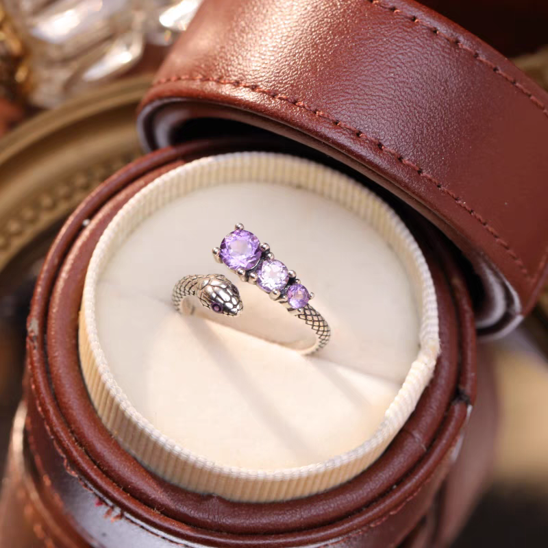 Kemstone Handcrafted Original Design Vintage Sterling Silver Snake Ring with Purple Amethyst Gradient – Adjustable Open Design for Women