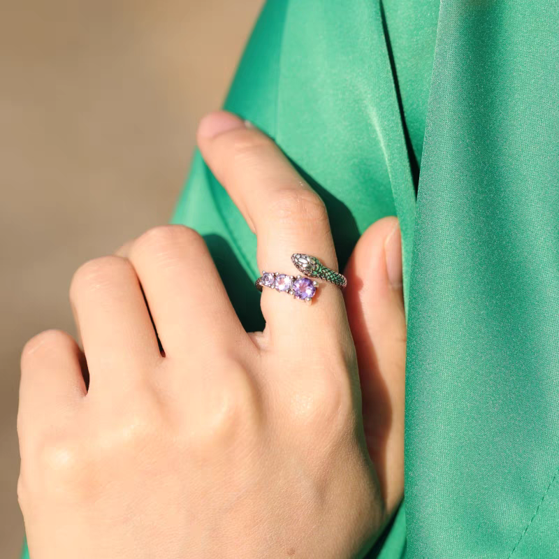 Kemstone Handcrafted Original Design Vintage Sterling Silver Snake Ring with Purple Amethyst Gradient – Adjustable Open Design for Women