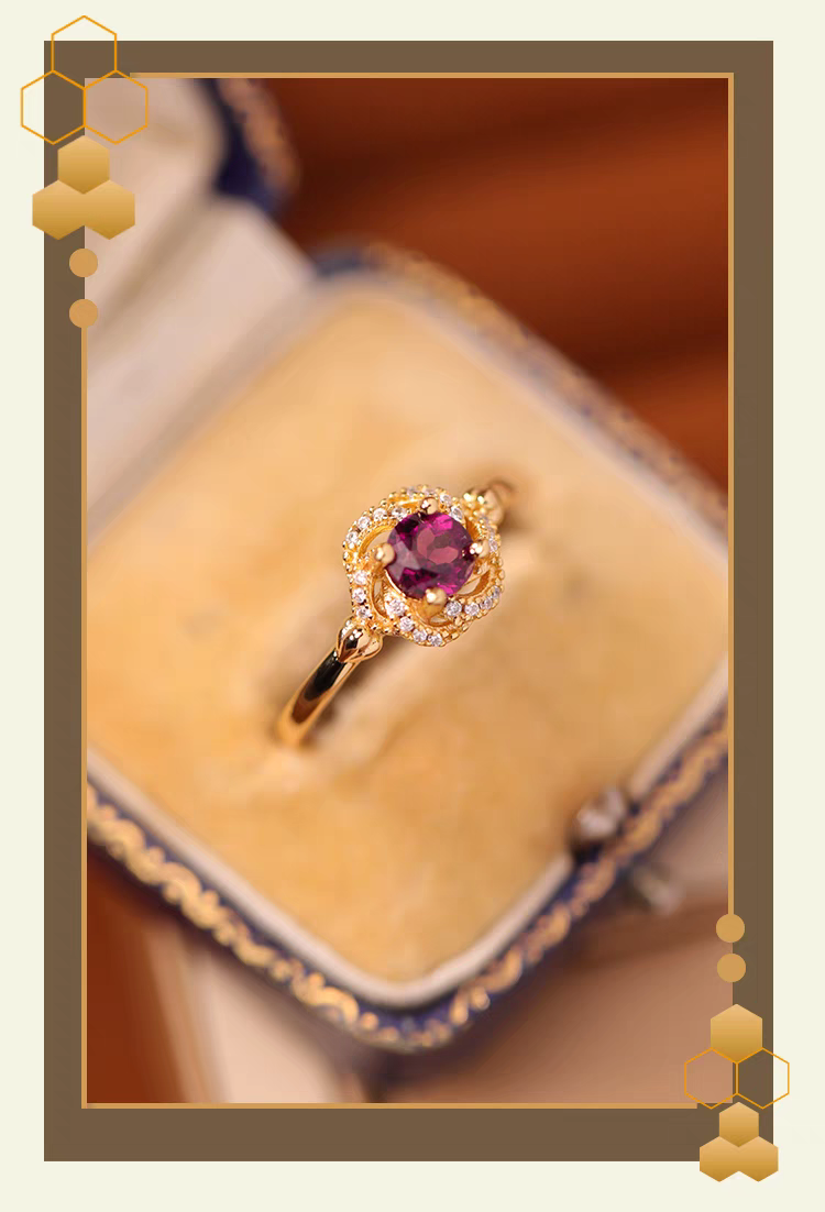 Kemstone Handcrafted Original Design Rose Nebula Garnet Ring in 18K Gold-Plated 925 Sterling Silver, Vintage Romantic Design with Zircon Accents