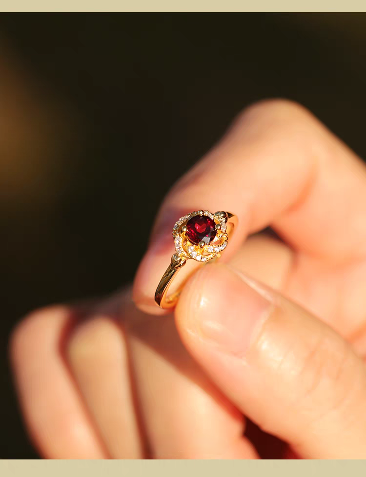 Kemstone Handcrafted Original Design Rose Nebula Garnet Ring in 18K Gold-Plated 925 Sterling Silver, Vintage Romantic Design with Zircon Accents