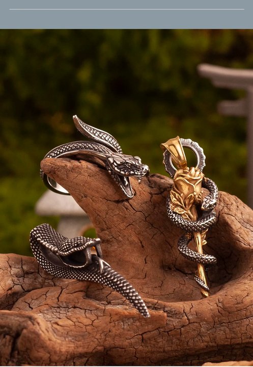 Kemstone Stainless Steel Mythic Serpent & Rose Pendant Necklace – Vintage Greek Style NWN-09528