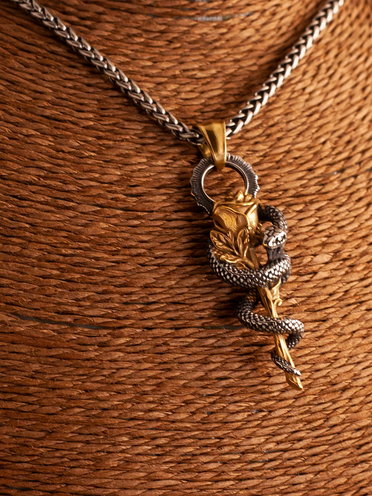 Kemstone Stainless Steel Mythic Serpent & Rose Pendant Necklace – Vintage Greek Style NWN-09528