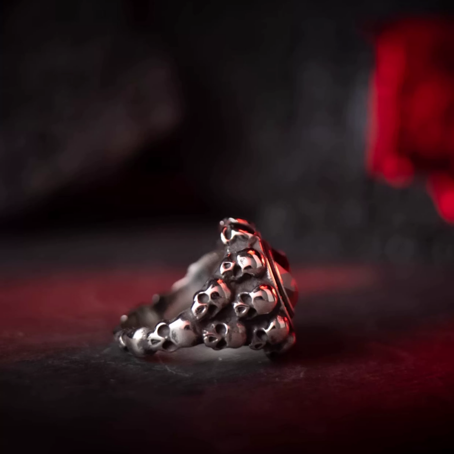 Kemstone "The Sinner’s Greed" Skull Ring – Gothic Stainless Steel with Red Zircon NWR-051345