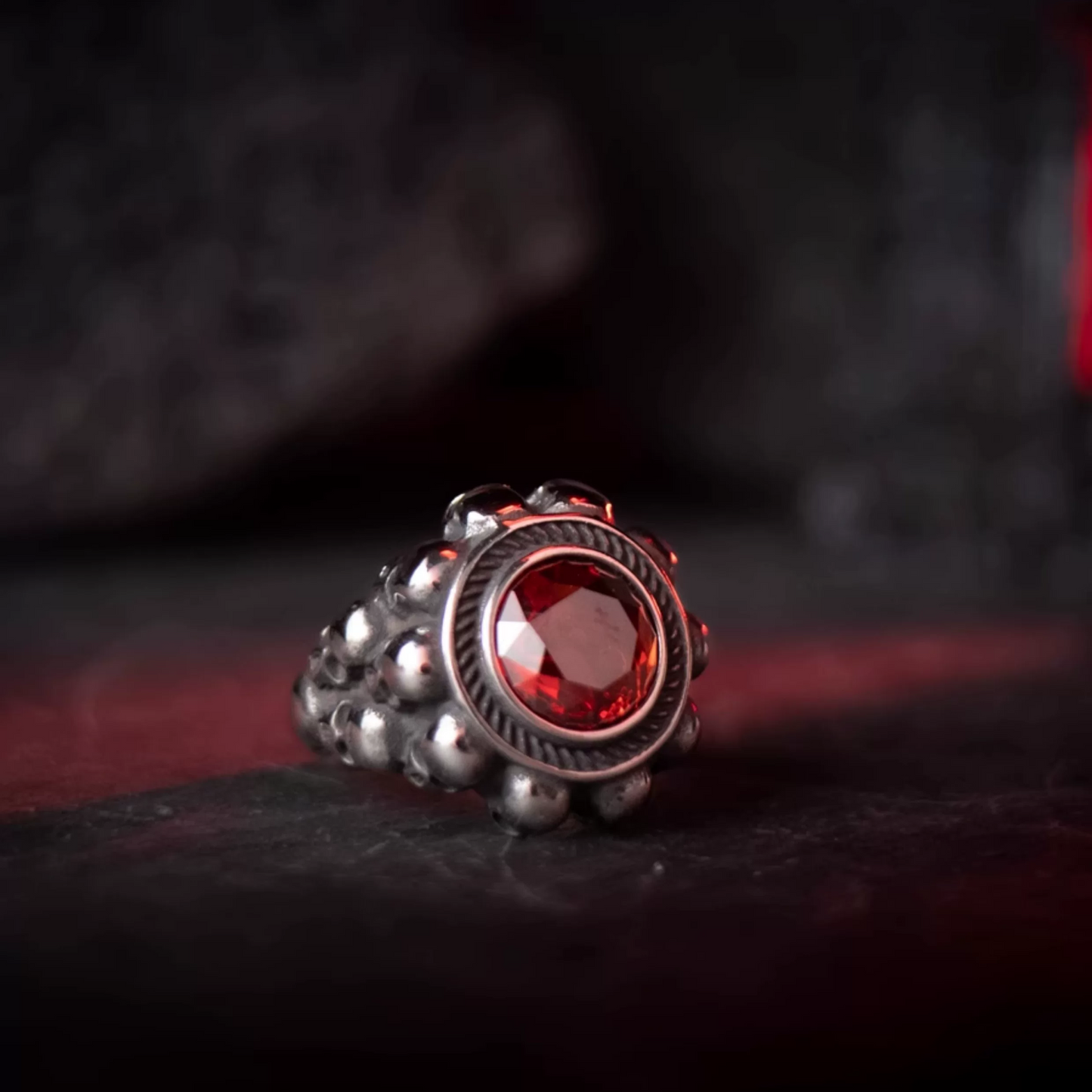 Kemstone "The Sinner’s Greed" Skull Ring – Gothic Stainless Steel with Red Zircon NWR-051345