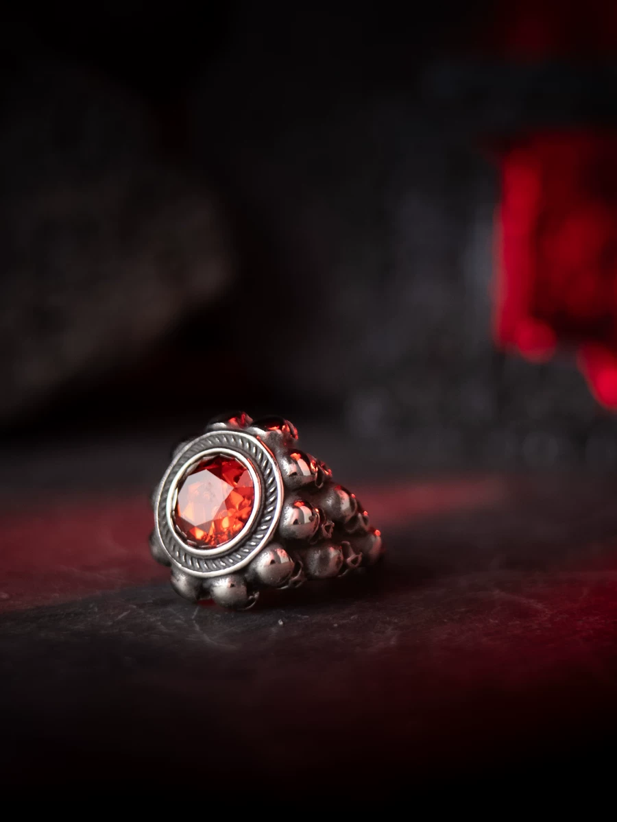 Kemstone "The Sinner’s Greed" Skull Ring – Gothic Stainless Steel with Red Zircon NWR-051345
