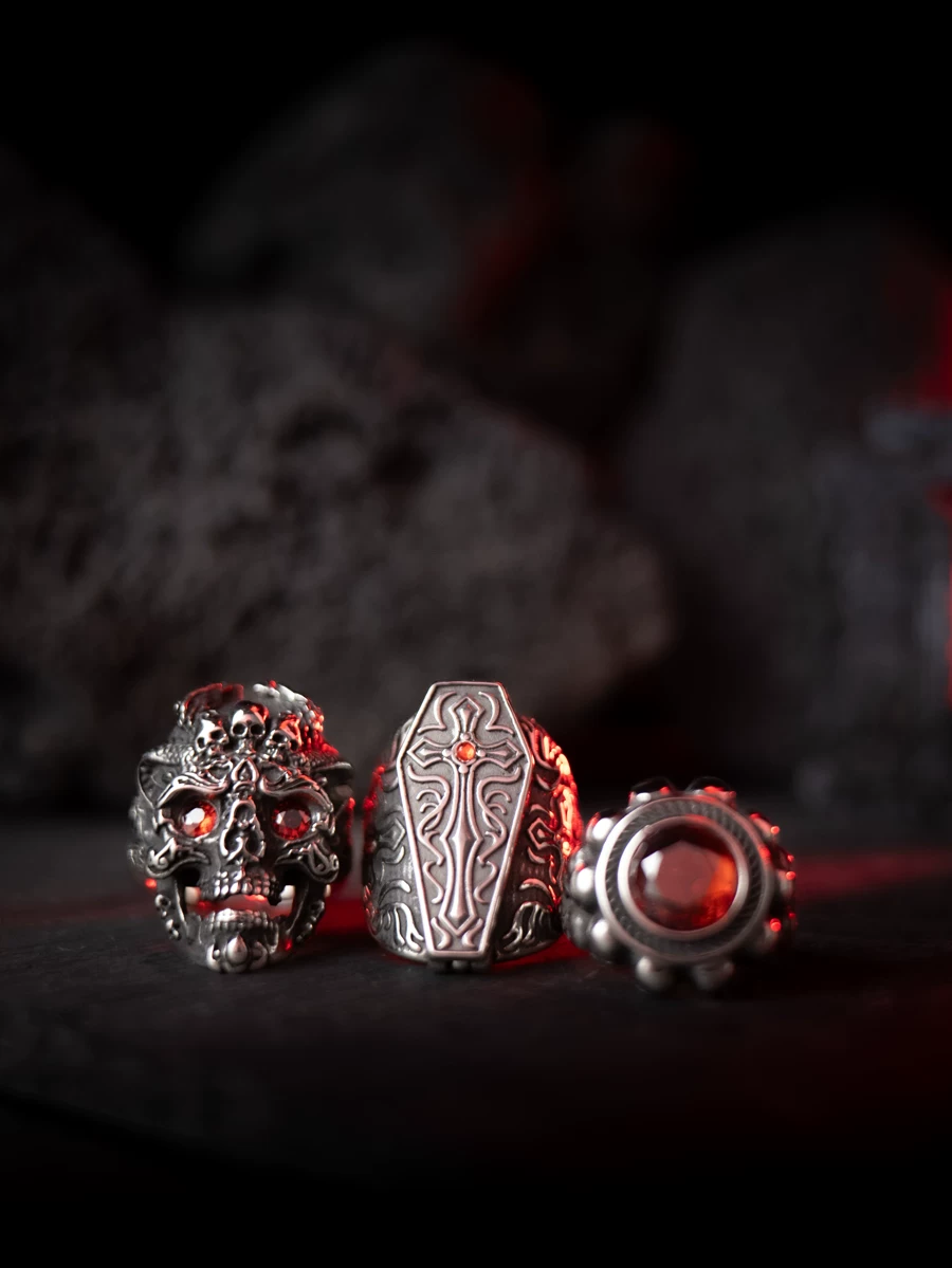 Kemstone "The Sinner’s Greed" Skull Ring – Gothic Stainless Steel with Red Zircon NWR-051345