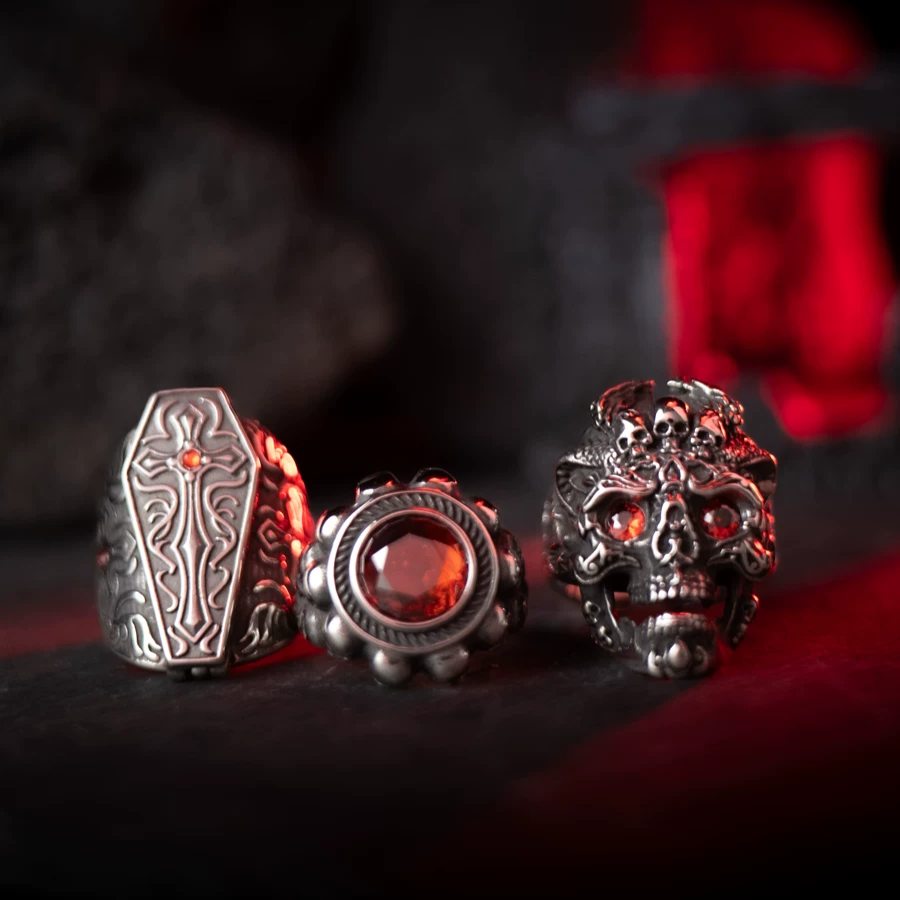 Kemstone "The Sinner’s Greed" Skull Ring – Gothic Stainless Steel with Red Zircon NWR-051345