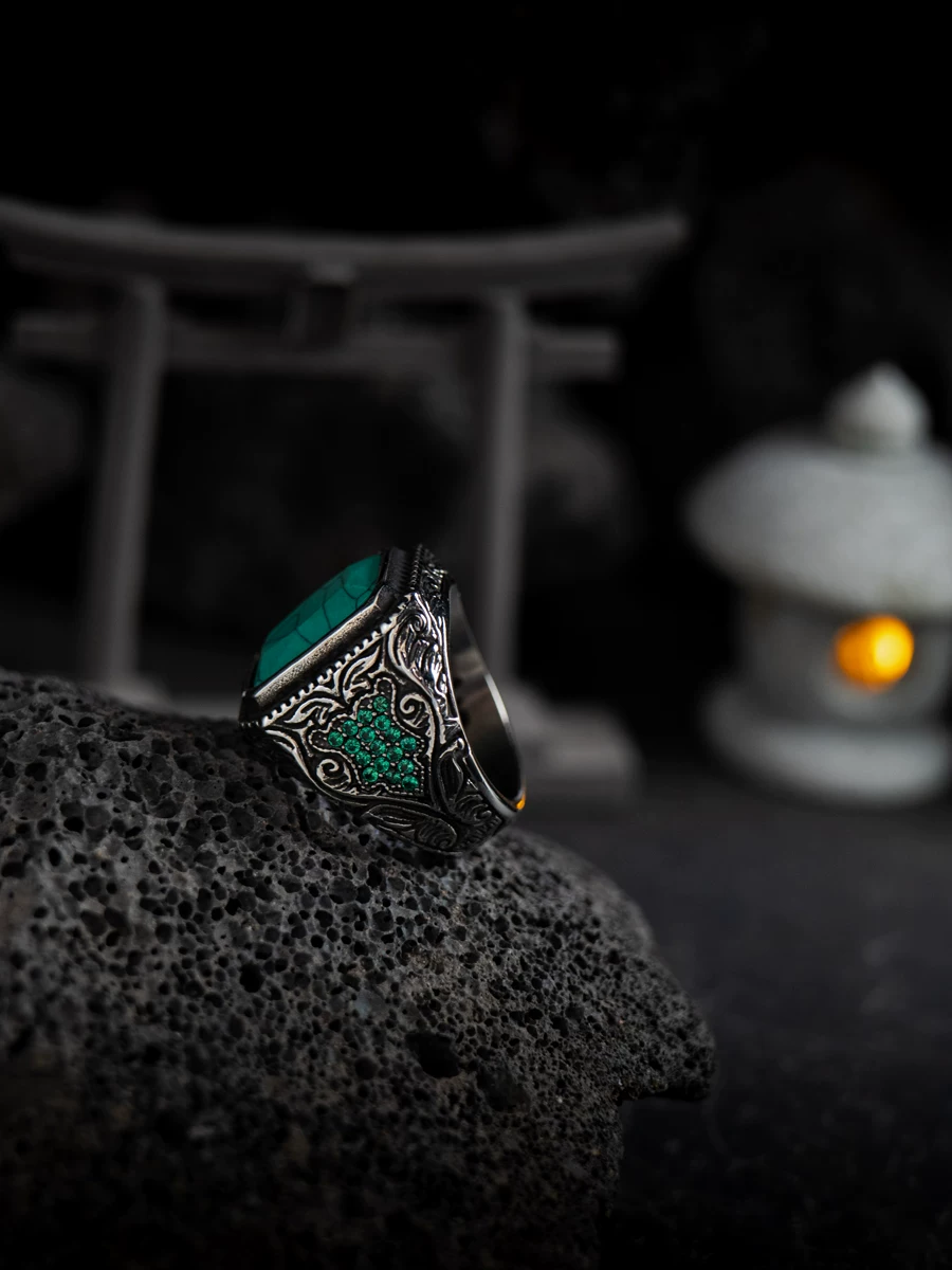 Kemstone Emerald Valor Titanium Steel Men’s Ring – Medieval Green Stone with Zirconia Accents