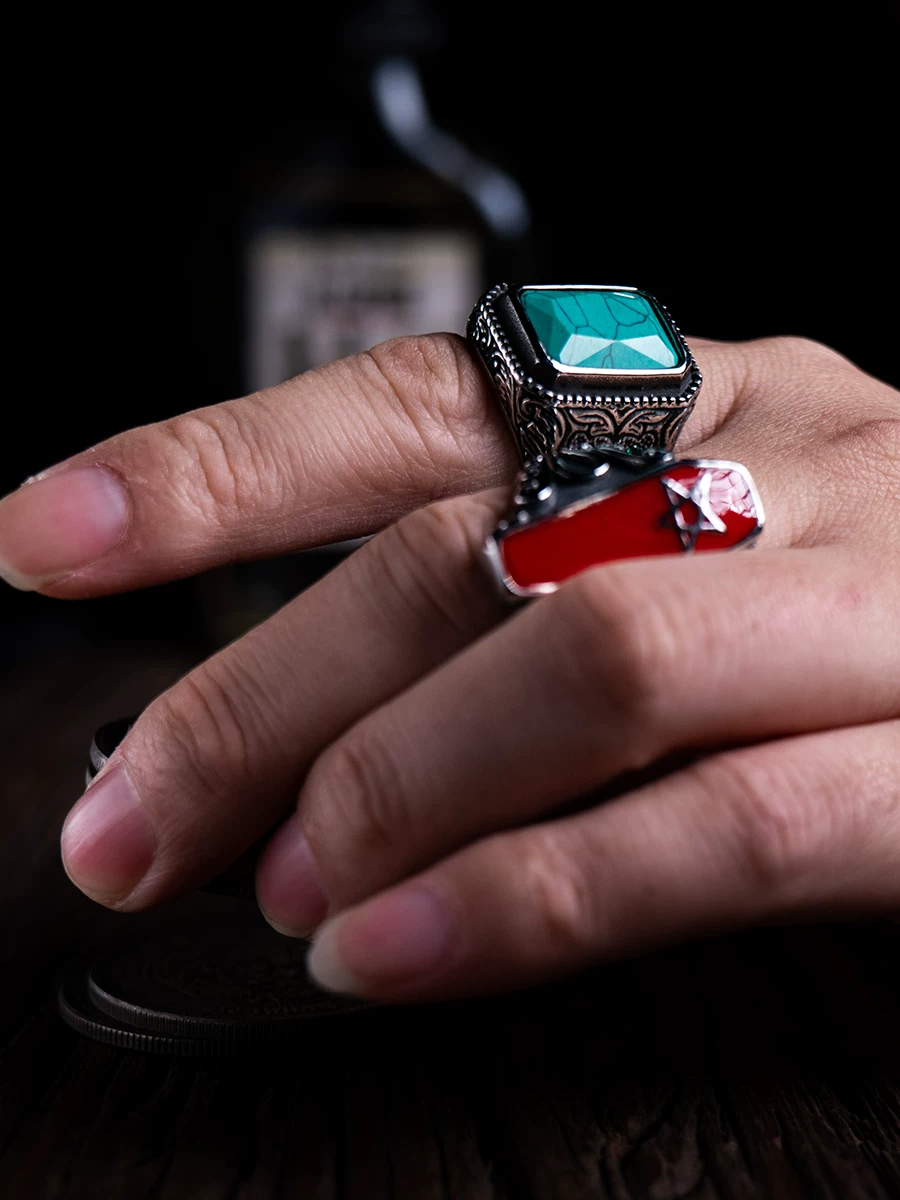 Kemstone Emerald Valor Titanium Steel Men’s Ring – Medieval Green Stone with Zirconia Accents