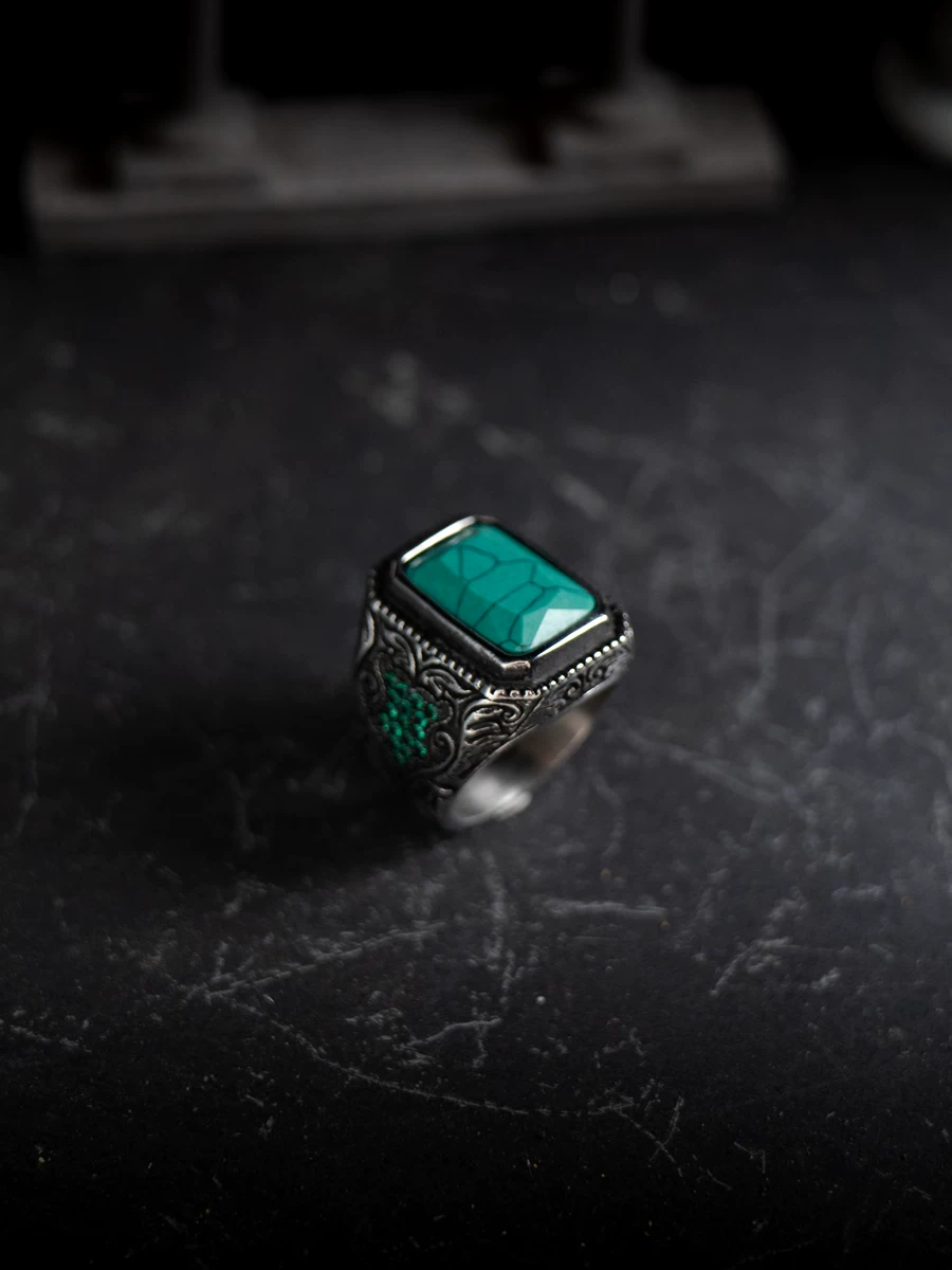 Kemstone Emerald Valor Titanium Steel Men’s Ring – Medieval Green Stone with Zirconia Accents