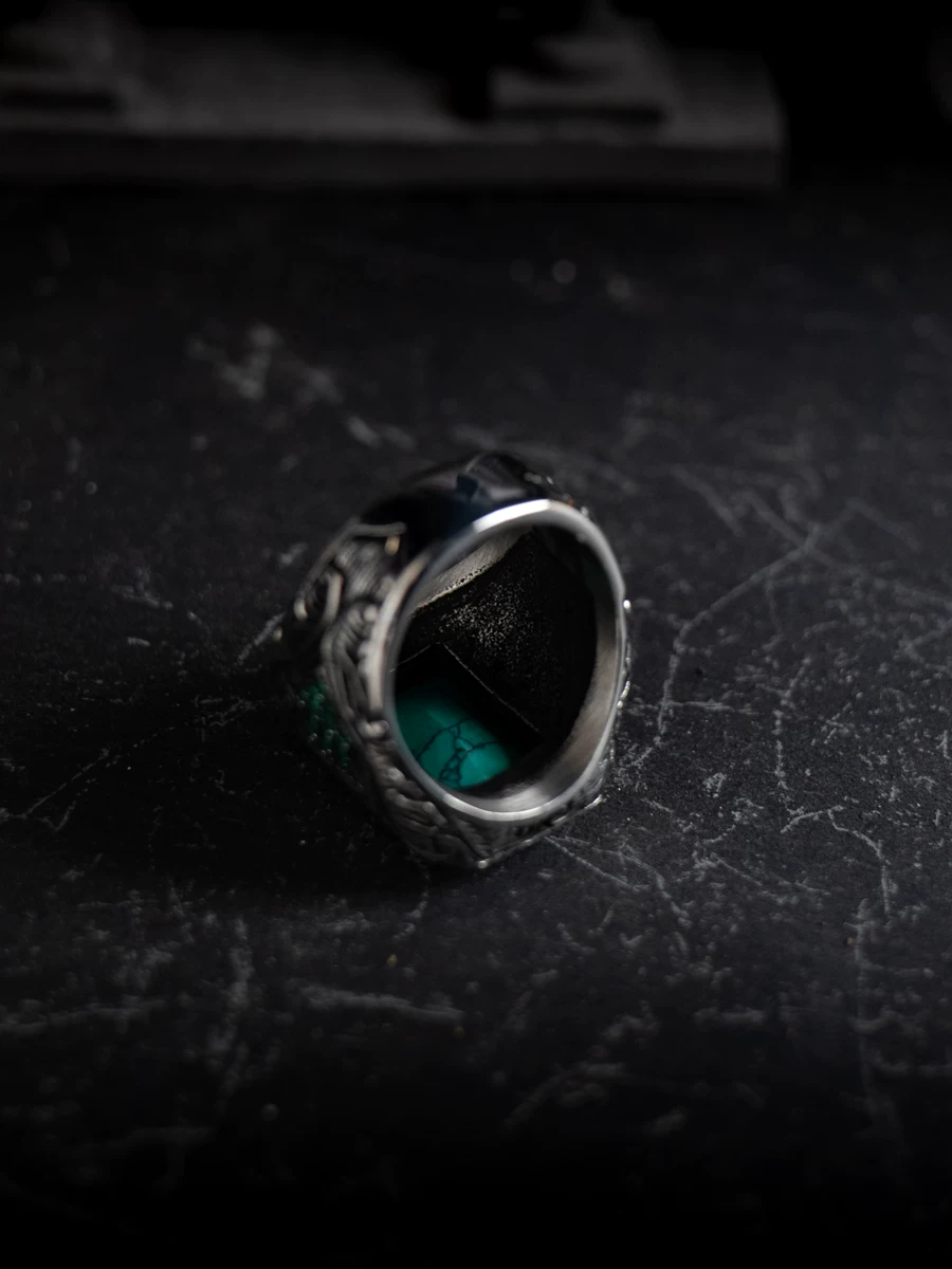 Kemstone Emerald Valor Titanium Steel Men’s Ring – Medieval Green Stone with Zirconia Accents