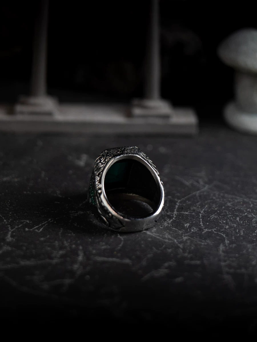 Kemstone Emerald Valor Titanium Steel Men’s Ring – Medieval Green Stone with Zirconia Accents