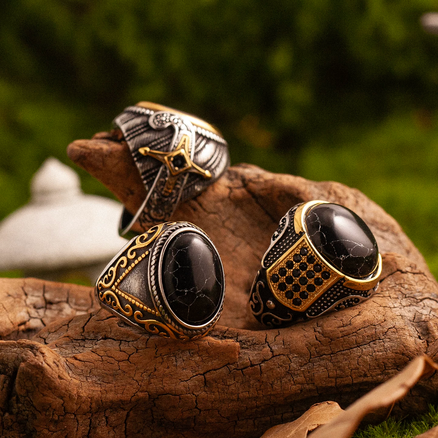 Kemstone Divine Protector Ring – Black Gold Titanium Steel Men's Statement Ring with Sword Engravings NWR-520552