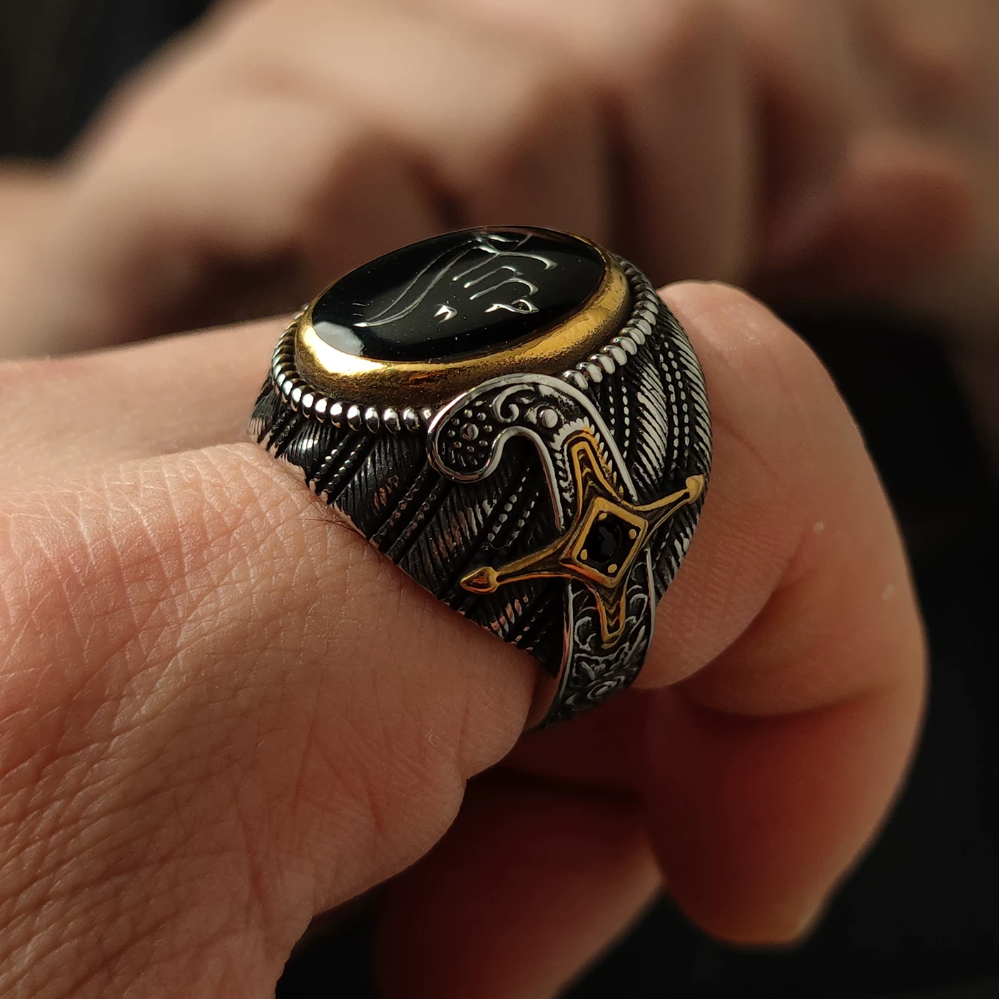Kemstone Divine Protector Ring – Black Gold Titanium Steel Men's Statement Ring with Sword Engravings NWR-520552