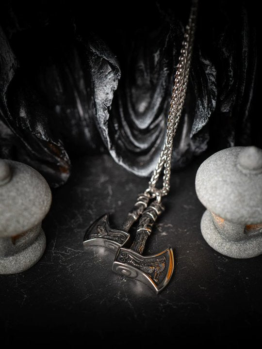 Kemstone "Leviathan Axes" Viking Double Axe Pendant Necklace – Titanium Steel NWN-603601