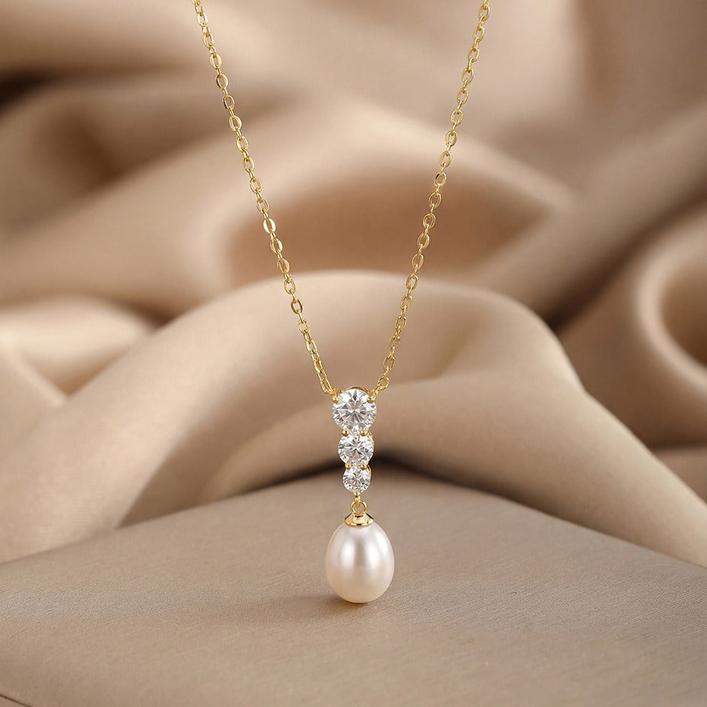 Kemstone 925 Sterling Silver Pearl Drop Necklace for Women Freshwater Pearl Cubic Zirconia Gold Silver GPN98
