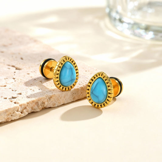Kemstone Stainless Steel Turquoise Stud Earrings for Men & Women ES-788