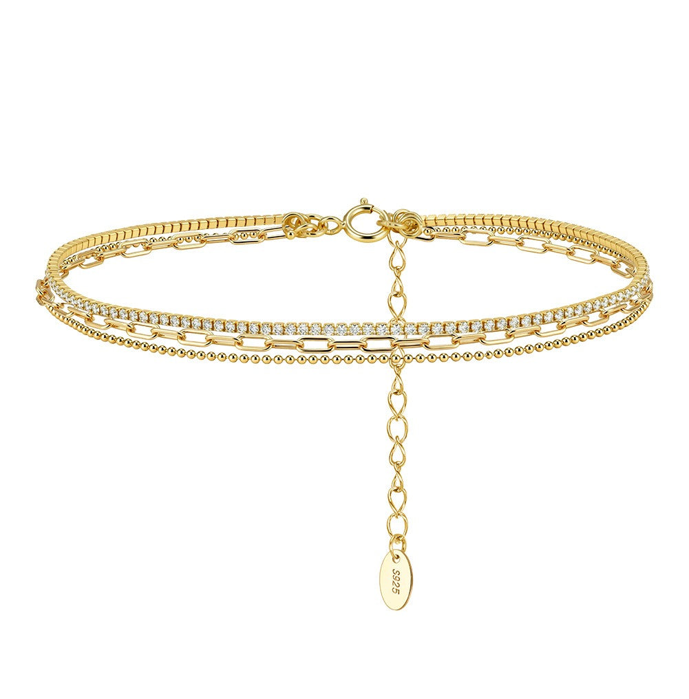Kemstone 925 Sterling Silver Layered Tennis Anklet for Women Multi Chain Gold Silver SA104