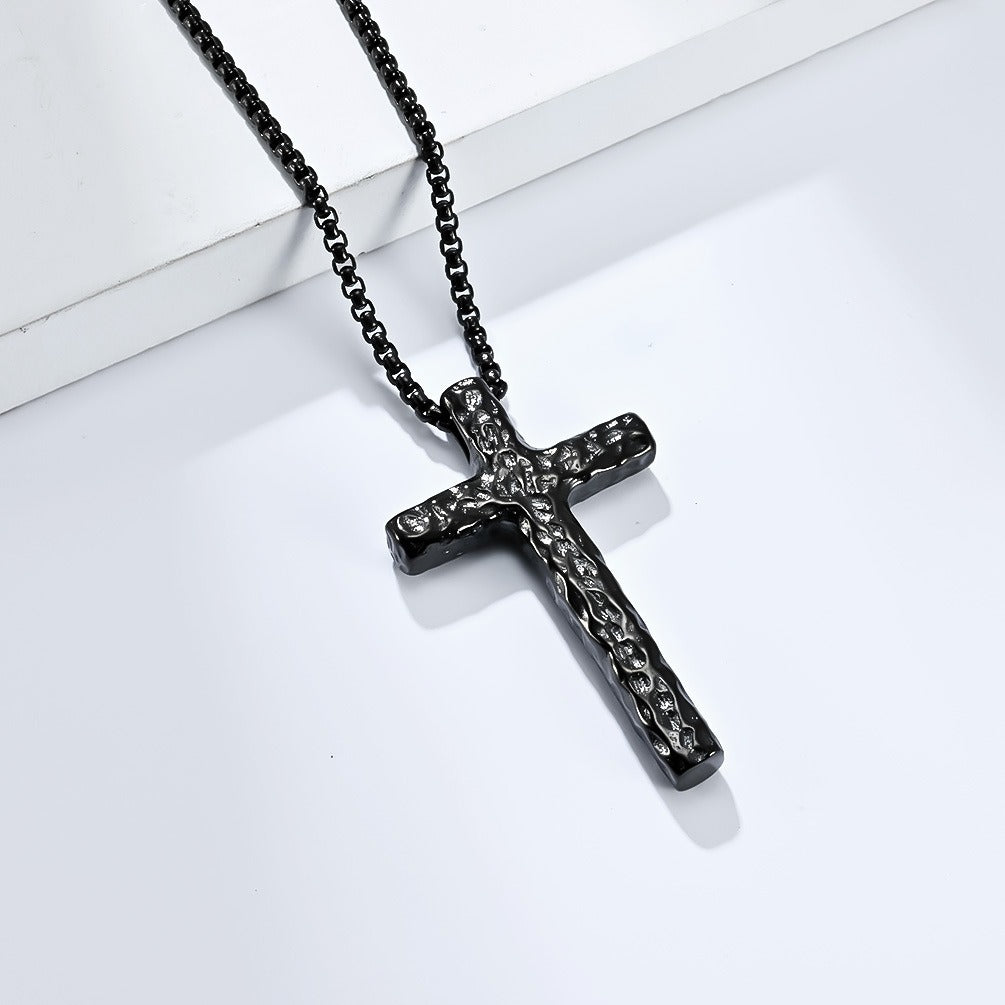 Kemstone Stainless Steel Cross Pendant Necklace for Men Hammered Textured Vintage K-PT504