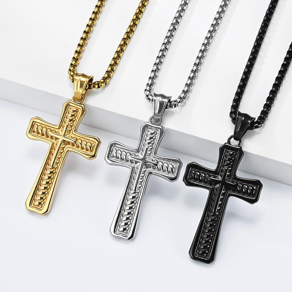 Kemstone Stainless Steel Layered Cross Pendant Necklace Rope Texture Detail for Men K-PT716