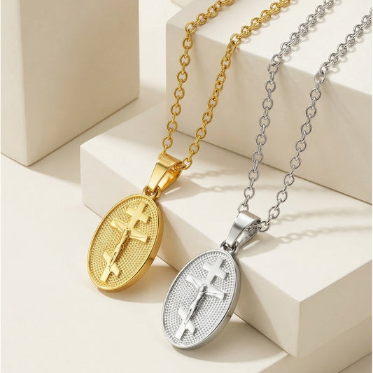 Kemstone Vintage Cross Oval Pendant Necklace Stainless Steel for Men & Women PN-2335