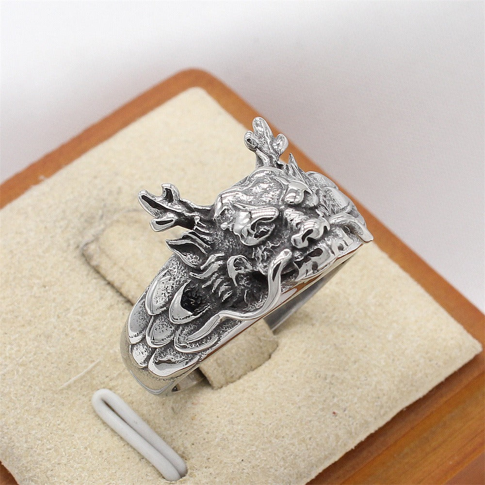 Kemstone Vintage Dragon Head Ring Titanium Steel Textured Band for Men R1871