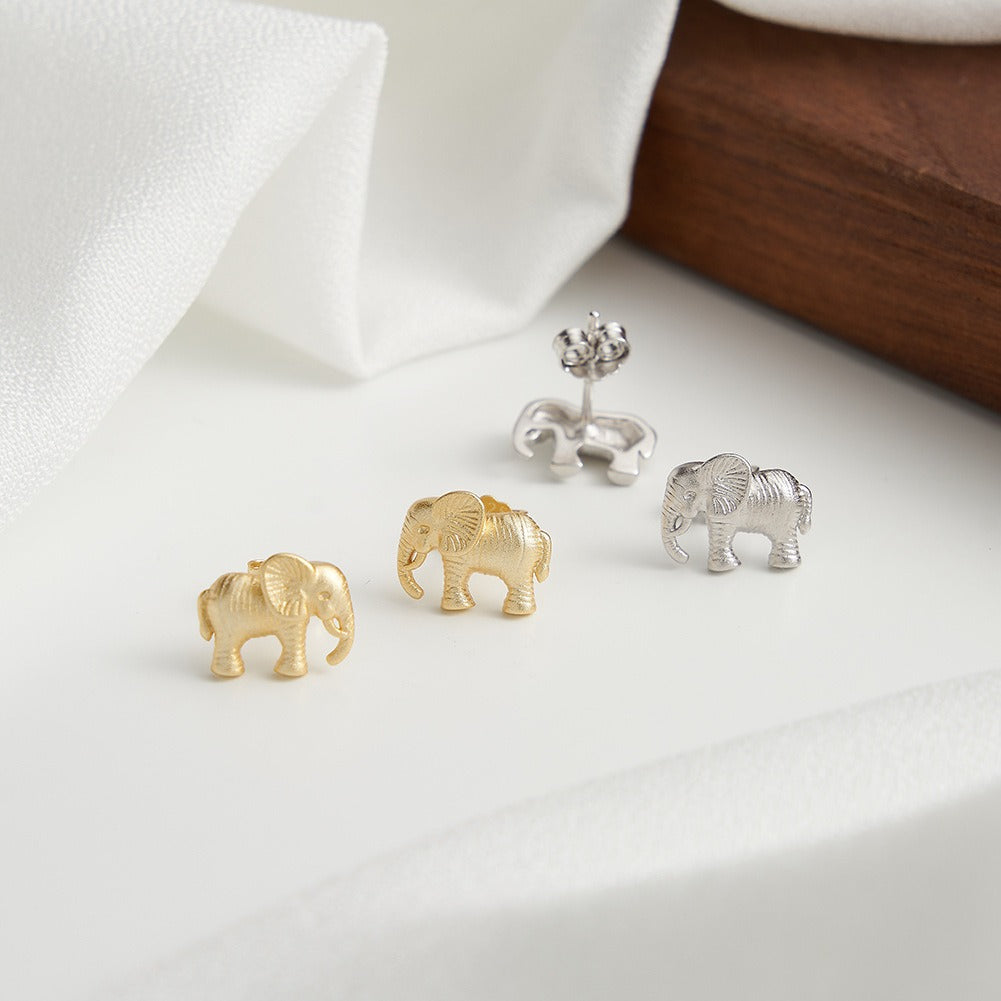 Kemstone 925 Sterling Silver Elephant Stud Earrings for Women Textured Animal Gold Silver SE404