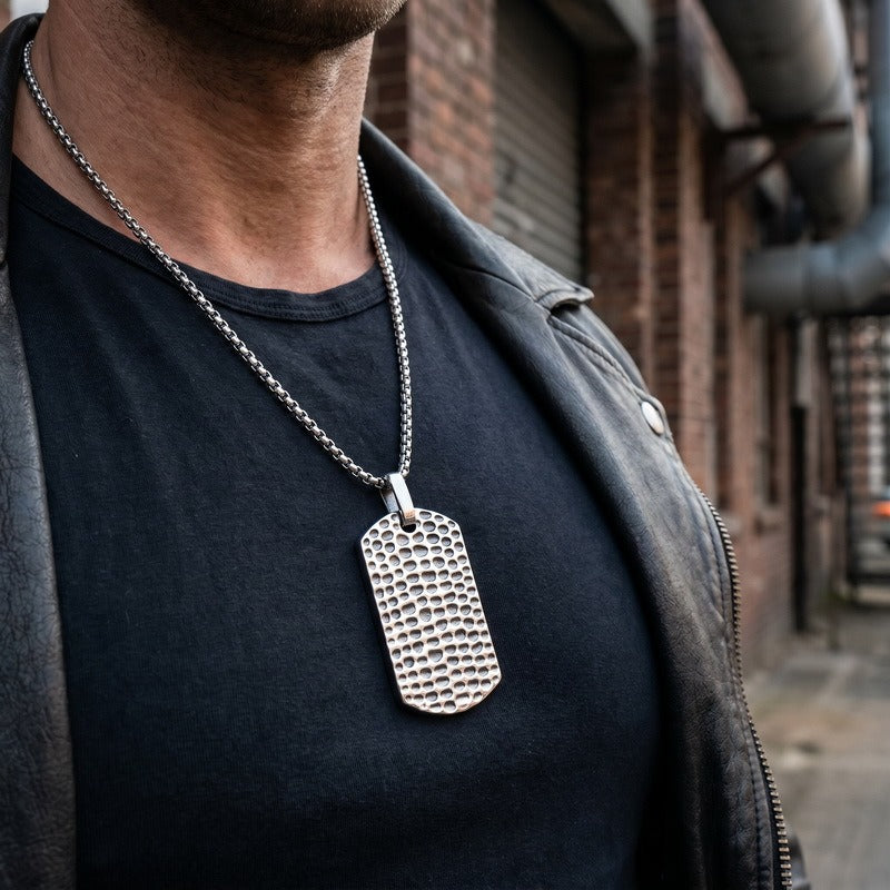 Kemson Hammered Tag Pendant Necklace Men Stainless Steel Vintage Textured Style KP118340-KJX