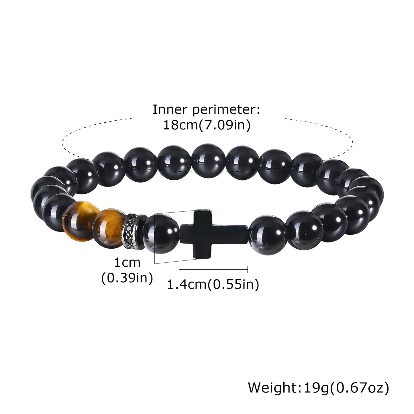Kemstone Stainless Steel Cross Beaded Bracelet for Men – Black Agate & Tiger Eye 1740