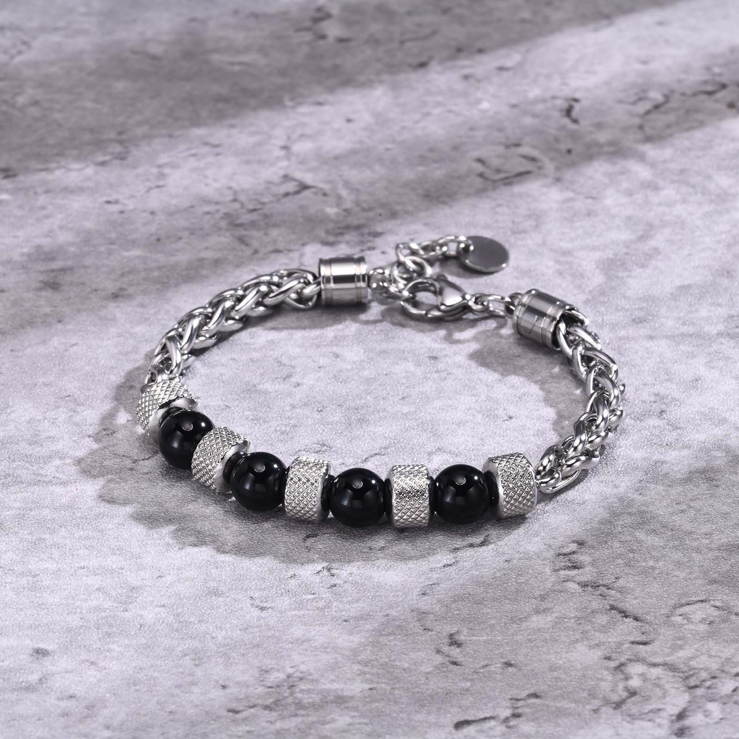 Kemstone Tiger Eye Beaded Chain Bracelet for Men Stainless Steel Natural Stone Adjustable BR-1717