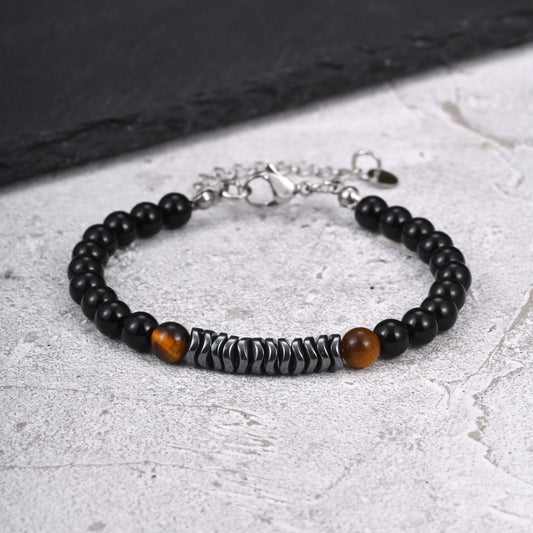Kemston Stainless Steel Tiger Eye Beaded Bracelet for Men Black Onyx Hematite Stone Adjustable BR-2919