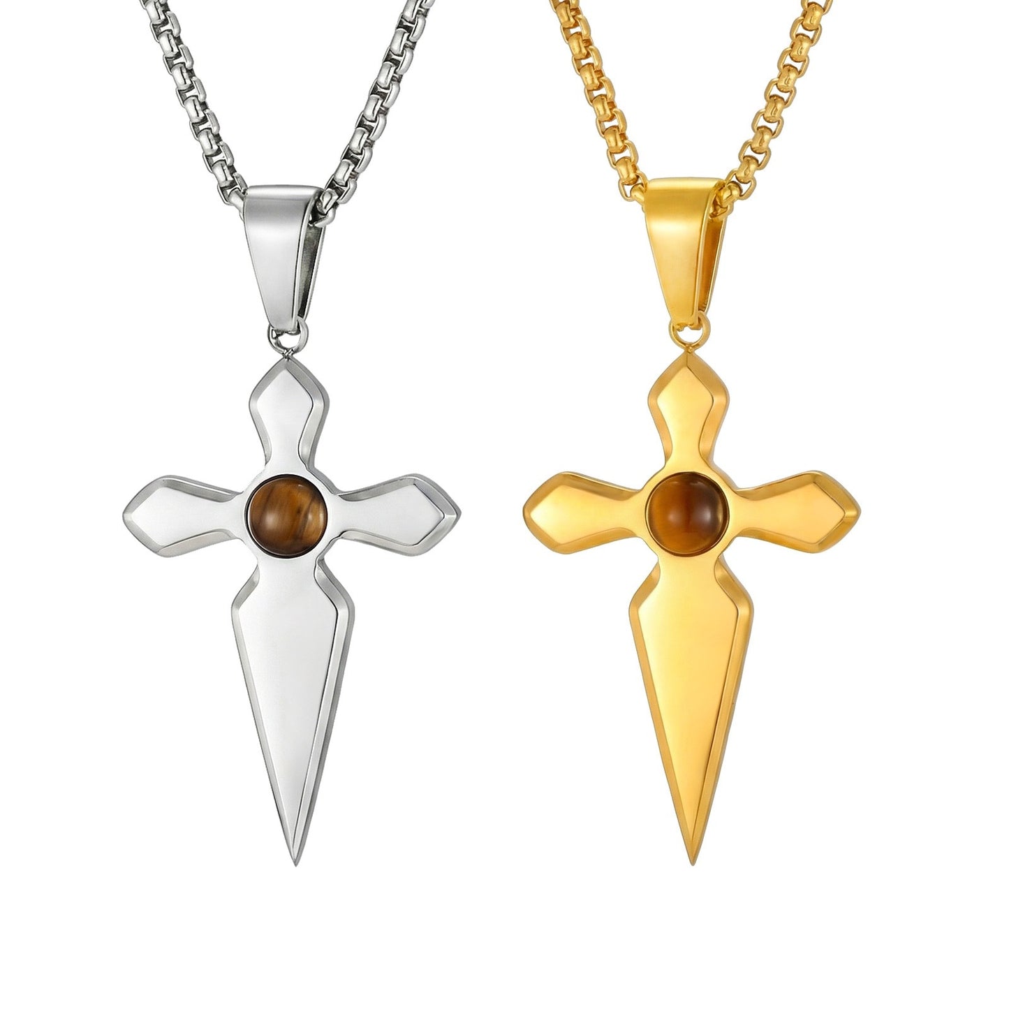 Kemstone Stainless Steel Tiger Eye Cross Pendant Necklace for Men PN-2287