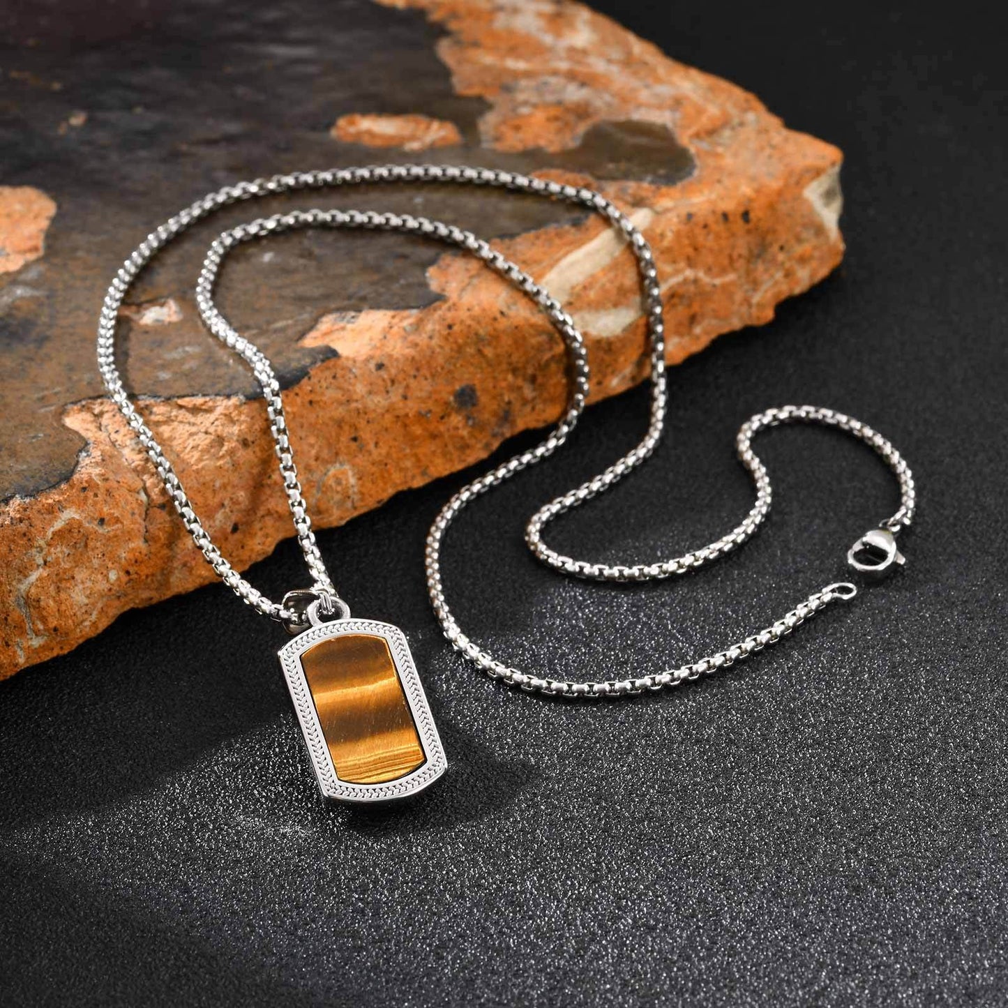 Kemstone Stainless Steel Tiger Eye Pendant Necklace for Men – Silver Hip Hop Jewelry PN-2162