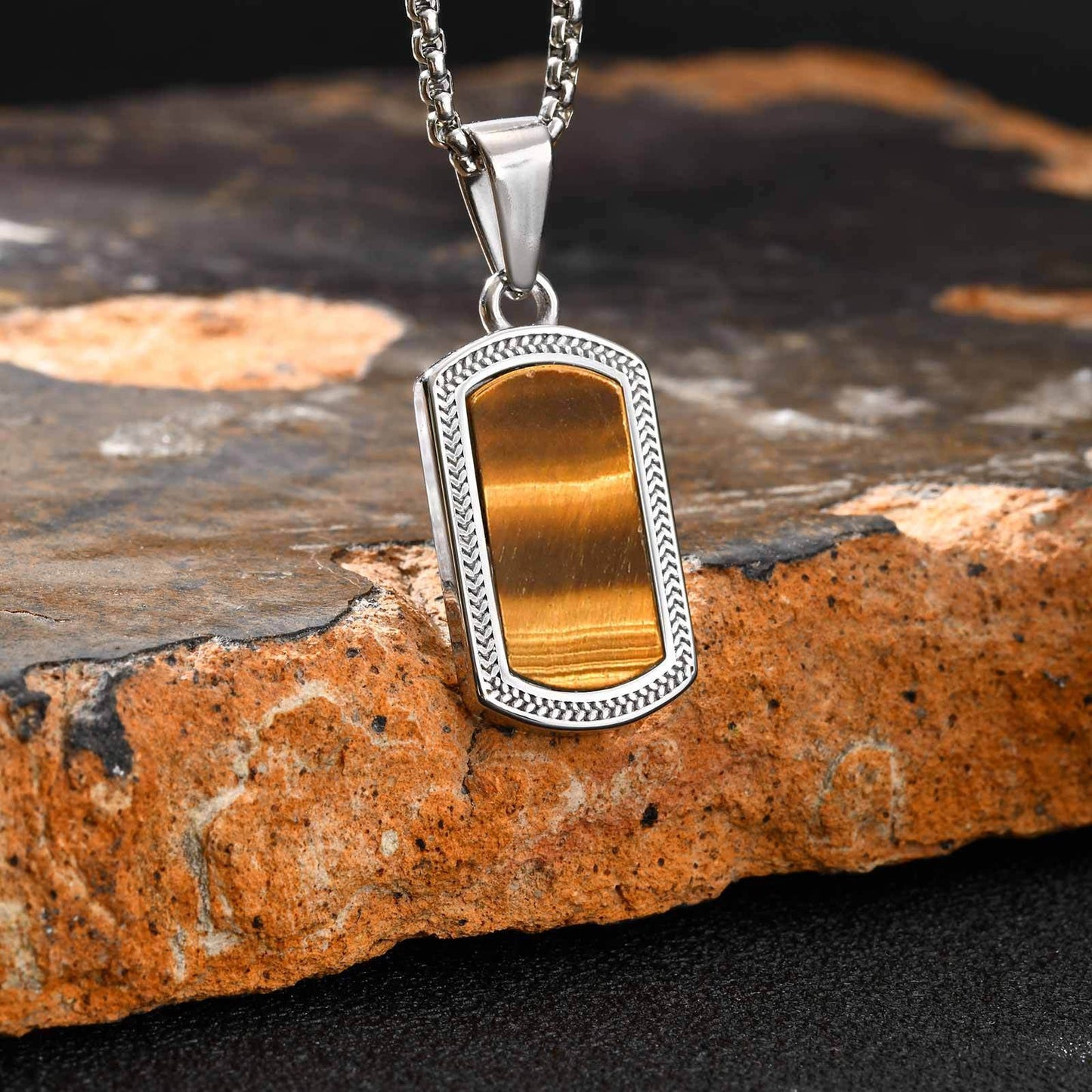 Kemstone Stainless Steel Tiger Eye Pendant Necklace for Men – Silver Hip Hop Jewelry PN-2162