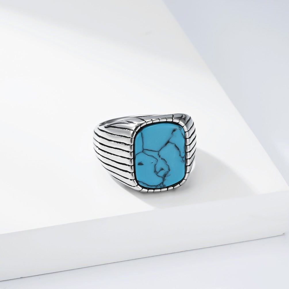 Kemstone Stainless Steel Tiger Eye & Turquoise Signet Ring for Men Square Stone K-R1174