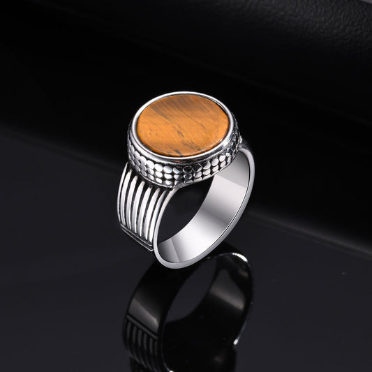 Kemstone Tiger Eye Signet Ring Stainless Steel Oval Stone for Men RC-724